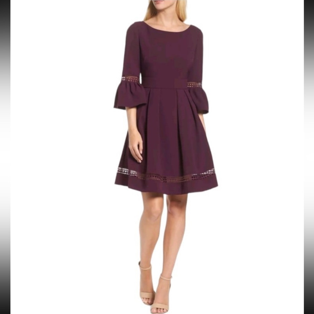 👗 Eliza J Plum Bell Sleeve Fit & Flare Dress Size 6 Cocktail Wedding 👠